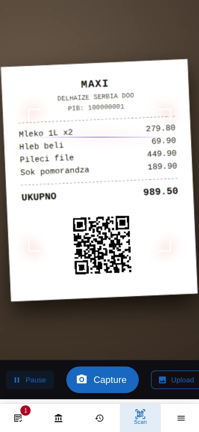 VotaWallet scanner aimed at a fiscal receipt